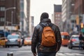 Young African American man with backpack walking on city street, back view with Generative AI. Royalty Free Stock Photo