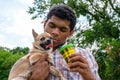 Young African American man holding chihuahua dog and coffee to go Royalty Free Stock Photo