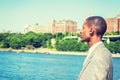 Young African American Man with short hair, traveling in New York City Royalty Free Stock Photo