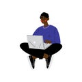 Young African American Man Sitting on Floor with Laptop, Guy Working or Relaxing Using Computer Vector Illustration Royalty Free Stock Photo