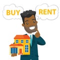 African-american man thinking buy or rent house.