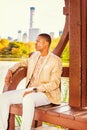 Young African American Man traveling in Central Park, New York Royalty Free Stock Photo