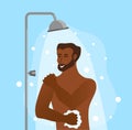 Young African American men taking shower cartoon vector illustration. Royalty Free Stock Photo