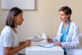 Young african american patient explaining symptoms to middle-aged female doctor during clinic visit