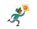 Young african-american man running with pizza.