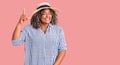 Young african american plus size woman wearing summer hat pointing finger up with successful idea Royalty Free Stock Photo