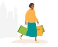 Young African American woman carries Shopping Packages. Cartoon character after successful shoping. Girl with colorful Royalty Free Stock Photo