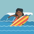 Young african-american surfer on a surfboard.