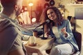 Young African American woman interviewing man in modern radio studio Royalty Free Stock Photo