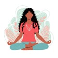 Young african american woman meditating sitting in lotus on the natural background. Girl sitting on the nature background.