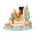 Young african american woman reading a book and sitting in modern interior. Daily life and everyday routine. Home activity. Vector Royalty Free Stock Photo