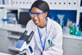 Young african american woman scientist using microscope at laboratory Royalty Free Stock Photo