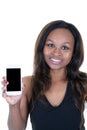 Young african american woman showing at blank black screen mobile phone isolated over white background Royalty Free Stock Photo
