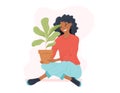 Young African American Woman sitting cross-legged on the floor with a Ficus flower in a Pot. Vector isolated Flat Girl growing Royalty Free Stock Photo