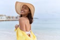 Young african american woman smiling confident wearing summer hat and bikini at beach Royalty Free Stock Photo