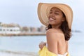 Young african american woman smiling confident wearing summer hat and bikini at beach Royalty Free Stock Photo