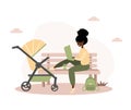 Young african american woman walking with her newborn child in an yellow pram. Girl sitting with a stroller and a baby Royalty Free Stock Photo