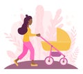 Young african american woman walking with her newborn child in an yellow pram. Modern flat style vector illustration. Young girl Royalty Free Stock Photo