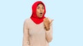 Young african american woman wearing traditional islamic hijab scarf surprised pointing with hand finger to the side, open mouth Royalty Free Stock Photo