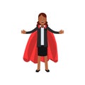 Young African business woman in black jacket and skirt with red superhero cape. Cartoon lady character with arms wide Royalty Free Stock Photo