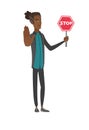 Young african businessman holding stop road sign.