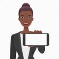 Young African businesswoman showing the empty smartphone screen vector illustration. Phone alpha background.