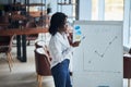 Young african businesswoman stand talking explaining making flip chart presentation Royalty Free Stock Photo