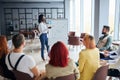 Young african businesswoman stand talking explaining making flip chart presentation Royalty Free Stock Photo