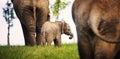 A young African elephant is safe with his parents