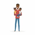 Young African father with babies - cartoon people characters isolated illustration