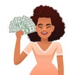 A young African girl holds dollar bills in her hand. A beautiful black woman with money in her hand. A happy businesswoman Royalty Free Stock Photo