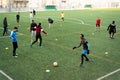 Young african migrants play soccer during a practice offered by the Ong SSB in Barcelona, Spain on July 2, 2022. The Ong uses