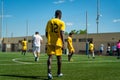 Young african migrants play soccer during a practice offered by the Ong SSB in Barcelona, Spain on July 2, 2022. The Ong uses