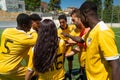 Young african migrants play soccer during a practice offered by the Ong SSB in Barcelona, Spain on July 2, 2022. The Ong uses