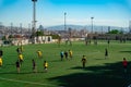 Young african migrants play soccer during a practice offered by the Ong SSB in Barcelona, Spain on July 2, 2022. The Ong uses