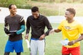 Young african migrants play soccer during a practice offered by the Ong SSB in Barcelona, Spain on July 2, 2022. The Ong uses