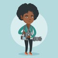 Young african photographer with photo cameras.