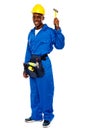 Young african repairman holding hammer