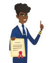 Young african stewardess holding a certificate.