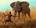 Young African tribal warrior facing a giant elephant Royalty Free Stock Photo