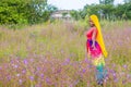 young african woman in a field of flowers alone, feeling the flowers, smiling Royalty Free Stock Photo