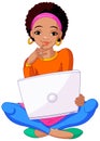 Young African Woman Sitting On Cushion with Laptop