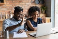 Young afro american couple contact lawyer by videocall wave hands Royalty Free Stock Photo