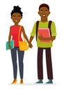 Young afro american couple of students with books and school bags in a white background. Cartoon vector character Royalty Free Stock Photo