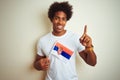 Young afro american man holding Serbia Serbian flag standing over isolated white background surprised with an idea or question Royalty Free Stock Photo