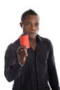 Young afro american man with red arbitrator card