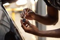 Young afro auto service worker is painting car details Royalty Free Stock Photo