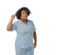 young afro latin woman doctor with finger up have an idea, white background with copy space