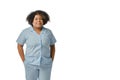 young Afro-Latin woman doctor, smiling with hands in pockets, white background with copy space
