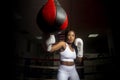 Young afro woman training boxing in gym with the United States flag in the background Royalty Free Stock Photo